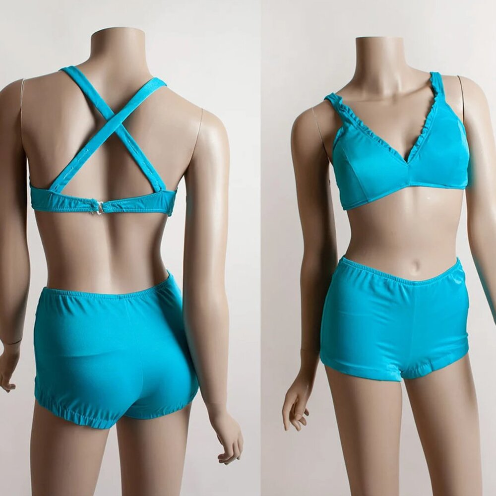 Vintage 1970s 70s Teal Blue Bikini Swim Bathing Suit Beach Pool Ruffle Medium